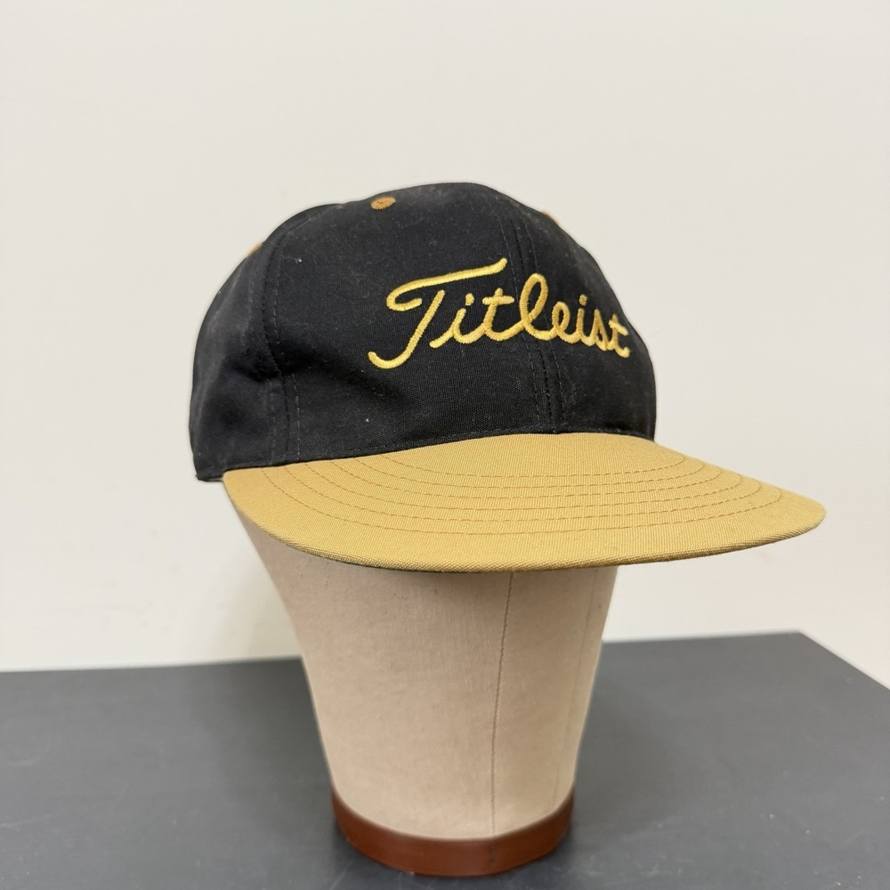 Vintage Texace Titleist Golf Hat Cap Leather Strap Black Gold USA 90s 80s Tiger
